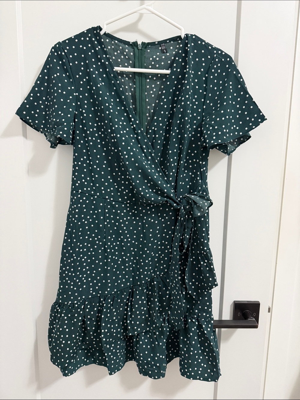 Dark Green Polka Dot Tie-Waist Mini Dress